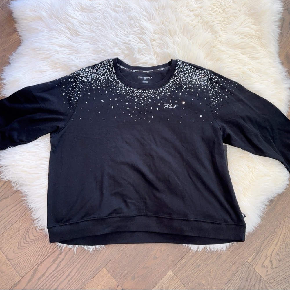 NWT Karl Lagerfeld Paris Womens Knit Sweatshirt Size 3X Black Rhinestones  $109